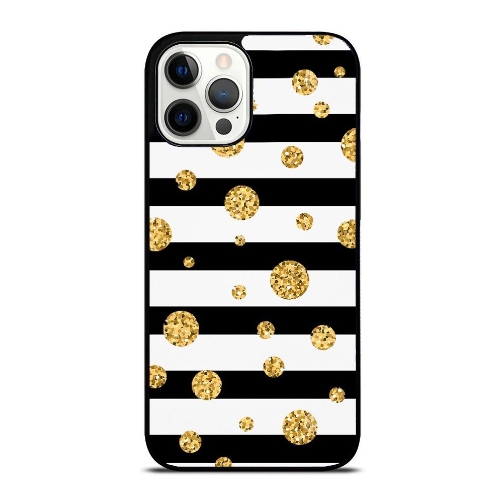 Aesthetic White Black Stripes With Gold Colored Polka Dots iPhone Case